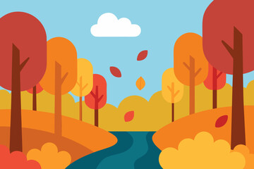 Stylized autumn landscape with river and falling leaves