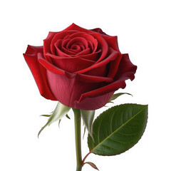 A single vibrant red rose with a green leaf against a black background