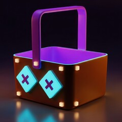 Stylized cartoon basket with glowing neon purple interior and illuminated diamond shapes on a dark background