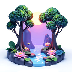 serene forest glade bathed soft lavender light surrounded towering trees lotus flowers misty copy