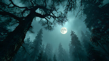 Bloody moon above spooky trees in foggy forest at night, horror themed background