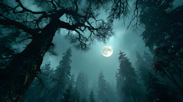 Bloody moon above spooky trees in foggy forest at night, horror themed background