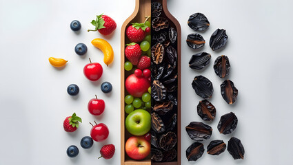 A wooden bottle vertically split in half, left side filled with fresh, juicy colorful fruits, right side showing dried, preserved fruits in dark tones, symbolizing fresh vs preserved life cycle,