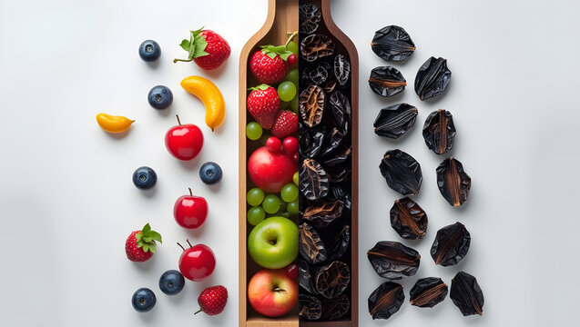 A wooden bottle vertically split in half, left side filled with fresh, juicy colorful fruits, right side showing dried, preserved fruits in dark tones, symbolizing fresh vs preserved life cycle,
