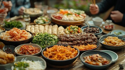 Family gathering with bulgogi beef japchae pickled radish and ssam wraps on a large table surrounded by joyful conversations and laughter