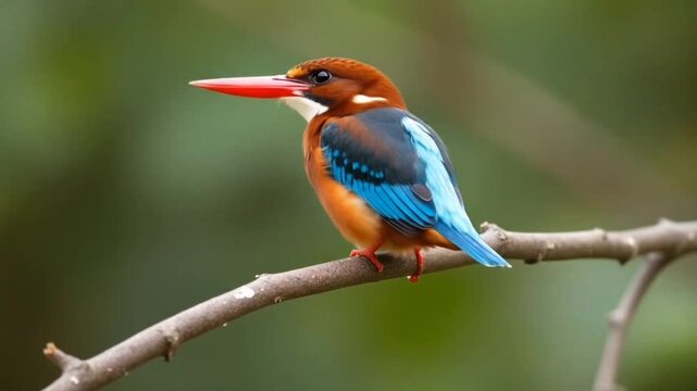 A White Throated Kingfisher perched on the branch of a tree in the forests of the Gir National Park in Gujarat, India.