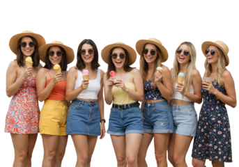 Group of young friends laughing in summer outfits with drinks, isolated on a transparent background.

