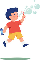 Boy blowing soap bubbles outdoors in red shirt and yellow shorts vector illustration