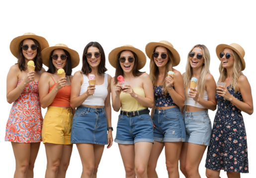 Group of young friends laughing in summer outfits with drinks, isolated on a transparent background.

