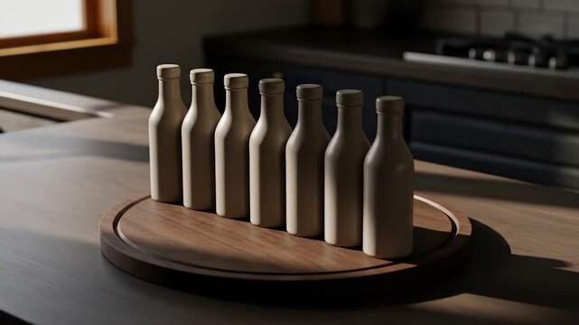 Sunlit Kitchen Countertop with Seven Beige Bottles on Wooden Tray