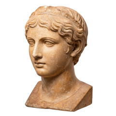 Terracotta bust of a woman with classic wavy hairstyle isolated on transparent background