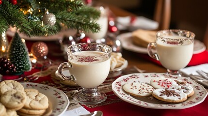 Family holiday dinner table with special eggnog served in decorative cups surrounded by plates of cookies candied fruits and a centerpiece of evergreen branches and festive ornaments