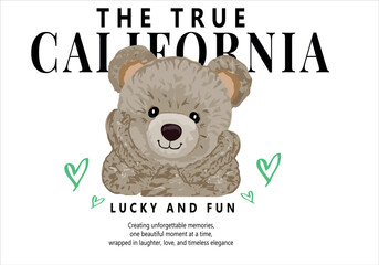 california slogan teddy bear with heart vector art