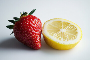 Sliced Strawberry and Half Lemon Isolated on White Background
