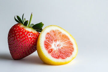 Sliced Strawberry and Half Lemon Isolated on White Background
