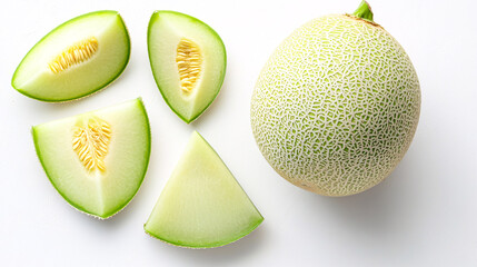 Whole Melon with Sliced Pieces Isolated on White Background
