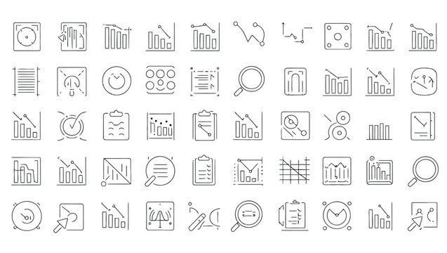 Vector art of a set of minimalist line icons representing charts graphs and data analysis tools