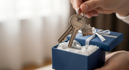 Hand holding house keys with a small house keychain over a blue gift box. Concept of new home, housewarming gift, real estate surprise, or home ownership celebration.