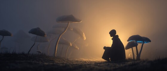 Mysterious Figure in Misty Landscape Digital Art Fantasy Illustration Spiritual Scene