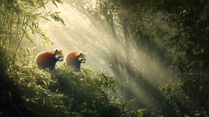 Family of red pandas exploring a bamboo forest during the early morning with soft rays of sunlight filtering through the mist creating a serene and peaceful scene