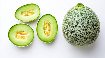 Whole Melon with Sliced Pieces Isolated on White Background