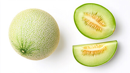 Whole Melon with Sliced Pieces Isolated on White Background