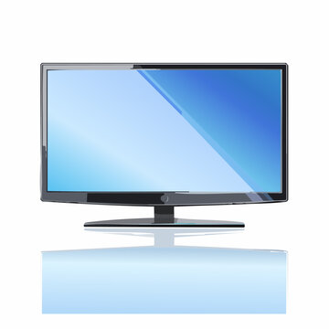 TV screen with reflection &ndash; Flat-screen TV off, showing faint window reflection.

