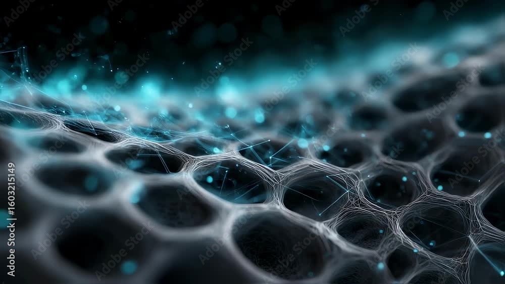 Wall mural complex network mesh glowing with turquoise data points transferring across a dark background, repre