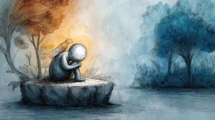 Solitary Figure Digital Painting of Introspection and Nature