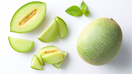Whole Melon with Sliced Pieces Isolated on White Background