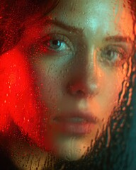 CloseUp Portrait Womans Face Behind RainStreaked Glass with Red and Blue Lighting