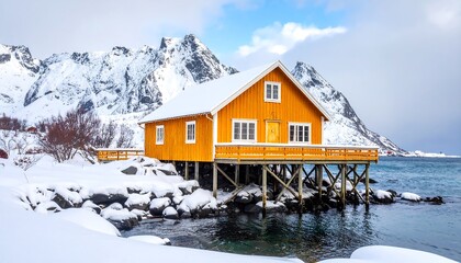 Picturesque Yellow Cabin nestled amidst Snowy Mountains and serene waters of Lofoten