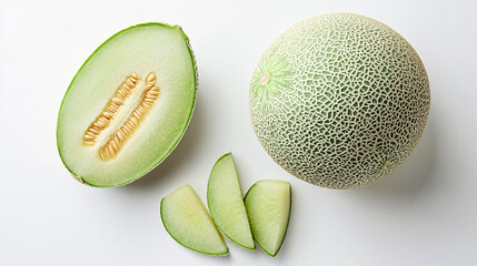 Whole Melon with Sliced Pieces Isolated on White Background