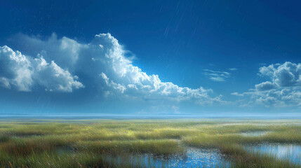 Obraz premium Tranquil marshland scene serene landscape nature photography bright sky wide angle peaceful environment