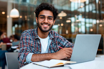 Young Latino, Brazilian student sitting working on a laptop in a modern office