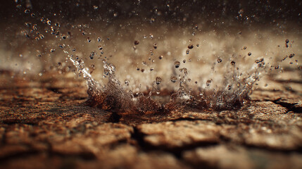 Obraz premium Rain impact water droplet splashing on dry earth natural environment close-up view abstract concept