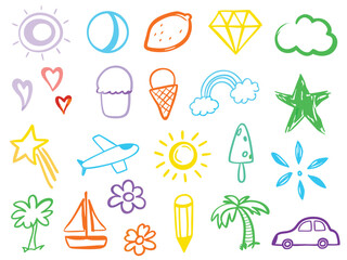 Summer travel icon set with beach vacation elements like sun umbrella palm and sunglasses