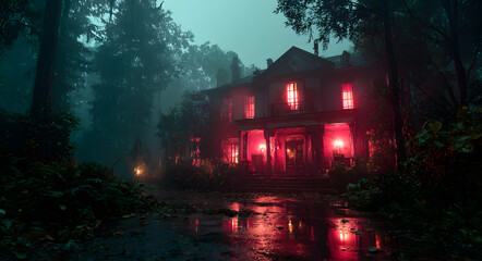 Mysterious Mansion in the Night - A spooky Victorian house glows with red lights in a dark, foggy forest. Perfect for Halloween or thriller themes