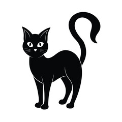 Black cat silhouette with an arched back, curled tail, and glowing eyes effect