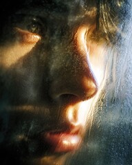 Intriguing CloseUp Portrait Face Behind Glass