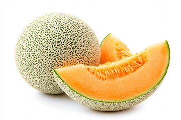 Whole Melon with Sliced Pieces Isolated on White Background
