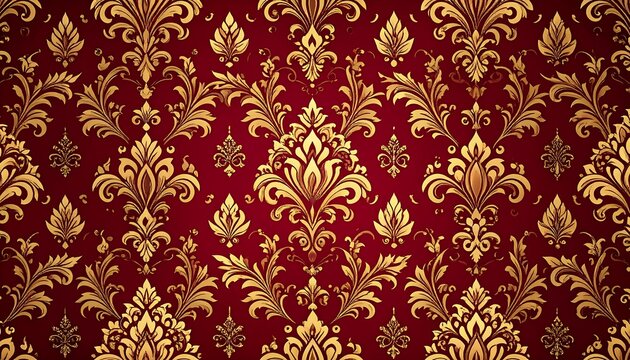 Ornate gold damask pattern on maroon background