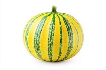 Yellow and Green Striped Melon Isolated on White Background Exotic Summer Fruit Image