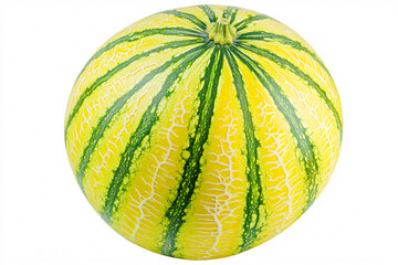 Yellow and Green Striped Melon Isolated on White Background Exotic Summer Fruit Image