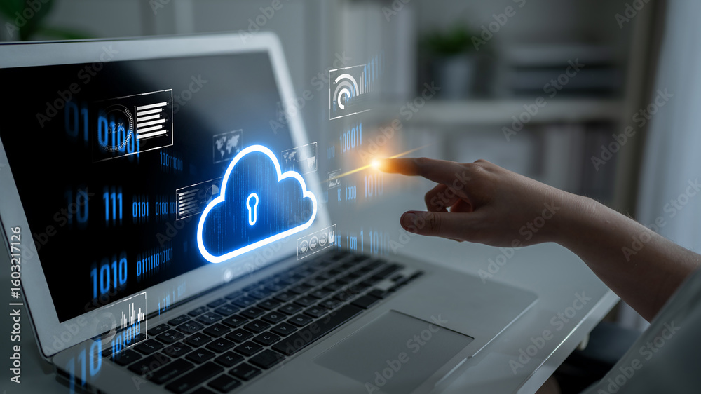 Poster cloud computing enables digital growth with secure data storage, scalable infrastructure, and strate