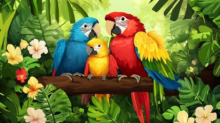 Family of parrots huddled together on a branch each with brightly colored feathers surrounded by green foliage and tropical flowers creating a warm and cozy family scene in the jungle