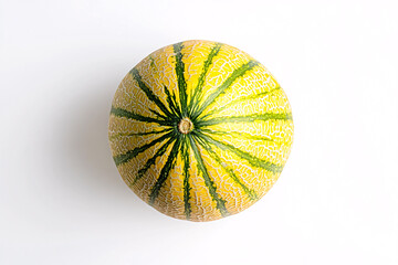 Yellow and Green Striped Melon Isolated on White Background Exotic Summer Fruit Image