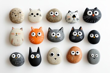 Fototapeta premium Cute hand-painted cat faces on decorative stones