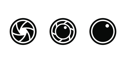 Abstract Camera Lens Icons: Three Stylish Black Circular Designs Vector