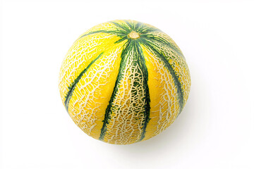 Yellow and Green Striped Melon Isolated on White Background Exotic Summer Fruit Image